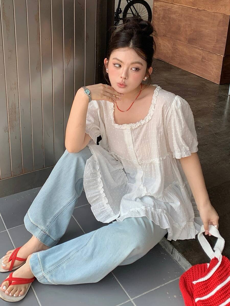 Dazy Plus White Square Collar Ruffle Trim Loose Blouse, Puff Sleeve Casual Shirt Top, Plus Size Women Spring/Summer White Short Sleeve Shirt Cute Tops - White - View 1
