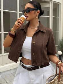Dazy Plus Washed Denim Cropped Short Sleeve Collared Top, Street Style Casual Plus Size Women's Spring Summer Blogger Denim Shirt Formal Brunch Brown - Brown - View 1