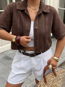 Dazy Plus Washed Denim Cropped Short Sleeve Collared Top, Street Style Casual Plus Size Women's Spring Summer Blogger Denim Shirt Formal Brunch Brown - Brown - View 4