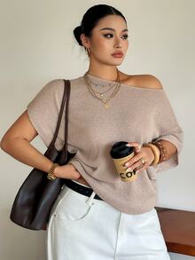 Dazy Plus Plus Size Solid Color Loose Cold Shoulder Short Sleeve Casual Vacation Spring/Autumn Lightweight Knit Top - Khaki - View 1