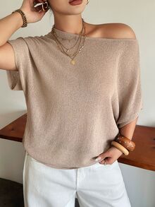 Dazy Plus Plus Size Solid Color Loose Cold Shoulder Short Sleeve Casual Vacation Spring/Autumn Lightweight Knit Top - Khaki - View 6