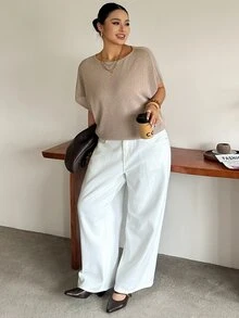 Dazy Plus Plus Size Solid Color Loose Cold Shoulder Short Sleeve Casual Vacation Spring/Autumn Lightweight Knit Top - Khaki - View 4