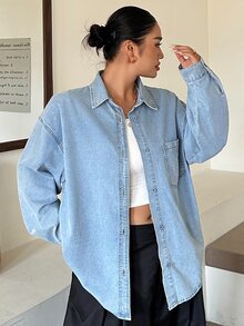 Dazy Plus Light Wash Blue Collared Pocket Long Sleeve Plus Size Women's Denim Shirt, Spring/Summer/Autumn - Light Wash - View 5