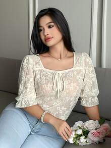 Dazy Plus Bowknot Decor Lace Puff Short Sleeve Elegant Versatile Spring Summer Apricot T-Shirt - Apricot - View 7