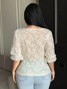 Dazy Plus Bowknot Decor Lace Puff Short Sleeve Elegant Versatile Spring Summer Apricot T-Shirt - Apricot - View 3