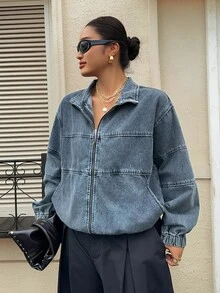 Dazy Plus Vintage Denim Washed Dark Blue Loose Street Style Zipper Front Open Collar Long Sleeve Plus Size Women's Denim Jacket Fall - Dark Wash - View 6