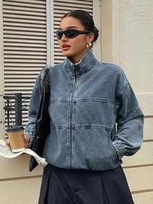 Dazy Plus Vintage Denim Washed Dark Blue Loose Street Style Zipper Front Open Collar Long Sleeve Plus Size Women's Denim Jacket Fall - Dark Wash - View 4