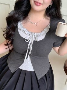 Dazy Plus Summer Ruffled Bow-Tie Cropped Short Sleeve Fitted Plus Size Women T-Shirt - Grey - View 1