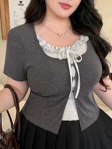 Dazy Plus Summer Ruffled Bow-Tie Cropped Short Sleeve Fitted Plus Size Women T-Shirt - Grey - View 5