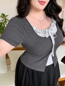 Dazy Plus Summer Ruffled Bow-Tie Cropped Short Sleeve Fitted Plus Size Women T-Shirt - Grey - View 6