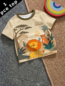 Baby Boy Casual Minimalist Top, Suitable For Spring And Summer, Classic Cute Cartoon Lion And Leopard Hand-Drawn Print - Multicolor - View 1