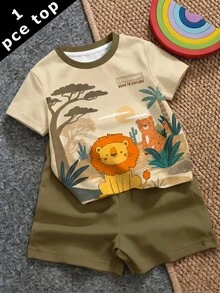 Baby Boy Casual Minimalist Top, Suitable For Spring And Summer, Classic Cute Cartoon Lion And Leopard Hand-Drawn Print - Multicolor - View 2