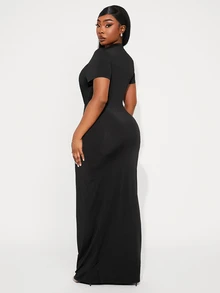 Radiana Plus Size Spring/Summer Elegant Sexy Solid Color Slim Fit Dress,Ibiza,Nashville,Rave,Modest,Chic, Date Night Black - Black - View 3