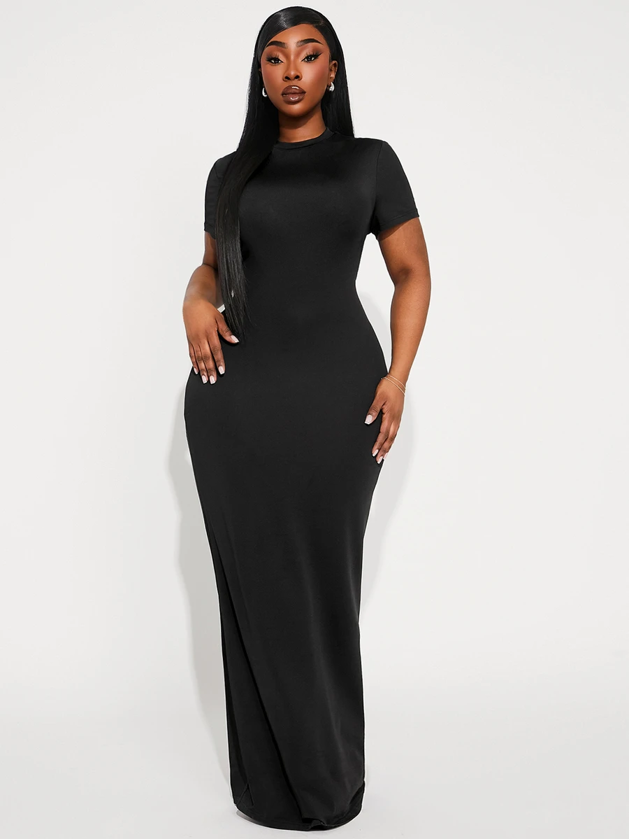 Radiana Plus Size Spring/Summer Elegant Sexy Solid Color Slim Fit Dress,Ibiza,Nashville,Rave,Modest,Chic, Date Night Black - Black - View 1
