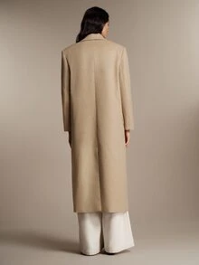 Anewsta Essential 冬季新款老錢風優雅單面羊毛長大衣，都市知性女款西裝領雙排扣燕麥色駱駝色外套，辦公室穿搭 - 杏色 - 查看 6