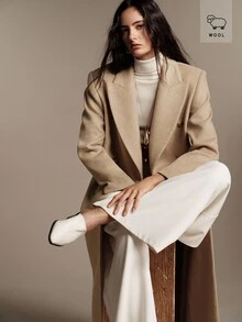 Anewsta Essential 冬季新款老錢風優雅單面羊毛長大衣，都市知性女款西裝領雙排扣燕麥色駱駝色外套，辦公室穿搭 - 杏色 - 查看 1