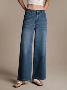 Anewsta Essential Women's Fall/Winter Casual Simple Navy Blue Washed Wide Leg Denim Jeans, Streetwear Pants For Work Travel Going Out Everyday Outfits - Blue - View 7