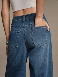 Anewsta Essential Women's Fall/Winter Casual Simple Navy Blue Washed Wide Leg Denim Jeans, Streetwear Pants For Work Travel Going Out Everyday Outfits - Blue - View 3