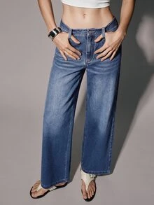 Anewsta Essential Women's Fall/Winter Casual Simple Navy Blue Washed Wide Leg Denim Jeans, Streetwear Pants For Work Travel Going Out Everyday Outfits - Blue - View 9