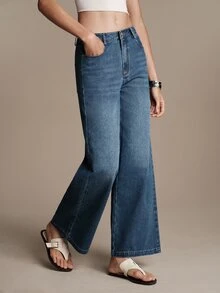 Anewsta Essential Women's Fall/Winter Casual Simple Navy Blue Washed Wide Leg Denim Jeans, Streetwear Pants For Work Travel Going Out Everyday Outfits - Blue - View 5