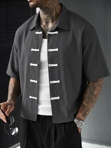 SLATEMANN Men's Small Checkered Frog Button Short Sleeve Shirt, Suitable For Formal 80s Streetwear Or Casual Holiday Vacation Date Night Black Gingham Summer - Black - View 3