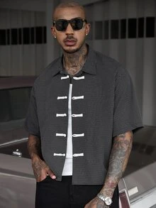 SLATEMANN Men's Small Checkered Frog Button Short Sleeve Shirt, Suitable For Formal 80s Streetwear Or Casual Holiday Vacation Date Night Black Gingham Summer - Black - View 1