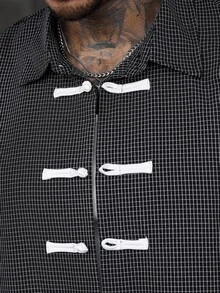 SLATEMANN Men's Small Checkered Frog Button Short Sleeve Shirt, Suitable For Formal 80s Streetwear Or Casual Holiday Vacation Date Night Black Gingham Summer - Black - View 5