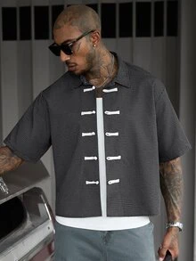 SLATEMANN Men's Small Checkered Frog Button Short Sleeve Shirt, Suitable For Formal 80s Streetwear Or Casual Holiday Vacation Date Night Black Gingham Summer - Black - View 6