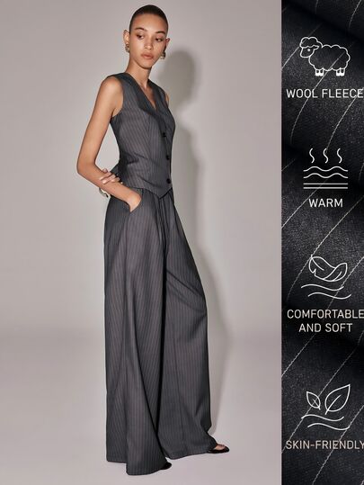 Anewsta Essential Women's Elegant Casual Light Grey Print Waistcoat Wide Leg Pants Set For Business Office