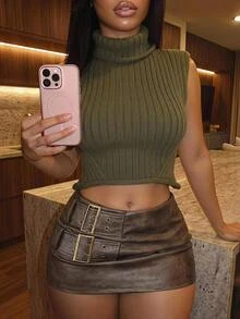 Slaydiva Women Sleeveless Turtleneck Rib Knit Crop Tank Raw Hem Slim Olive Green Vest Y2K Minimalist Basic Modest Casual Streetwear Fall Layering Night Out - Army Green - View 6