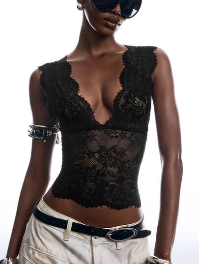LYSMO 2026 New Arrive Minimalism Spring/Summer Women's Sexy Solid Color Sheer Deep V-Neck Tight Tank Top For Summer Casual For Women Black Top Vacation Going Out Top