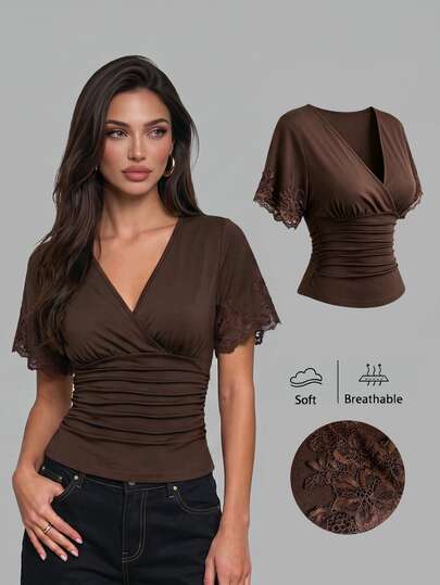 Sweetra Vintage Simple Fantasy Charm Casual Office Commute Sexy French Gentle Shopping Date Daily Commute Social Occasion Music Festival V-Neck Cross Waist Pleated Cuff Lace Patchwork Spring Summer Autumn Deep Brown Top