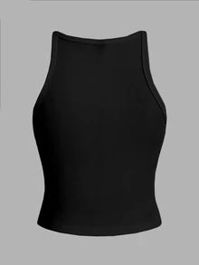 Slaydiva Simple Ribbed Stretchy Cami Tank Top For Women, Versatile Fitness Workout Crop Tops Plus Size - Black - View 2