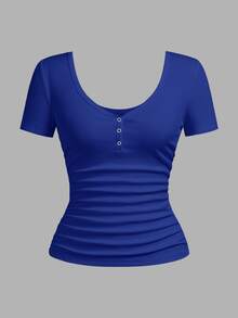Slaydiva Plus Size Summer Minimalist Solid Color V-Neck Short Sleeve T-Shirt - Royal Blue - View 3
