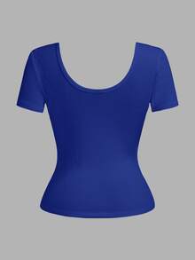 Slaydiva Plus Size Summer Minimalist Solid Color V-Neck Short Sleeve T-Shirt - Royal Blue - View 2