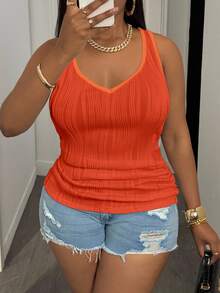 Slaydiva Camiseta de tirantes básica casual para mujer talla grande, cuello en V profundo y textura de canalé fino, blanco - Naranja - Ver 5