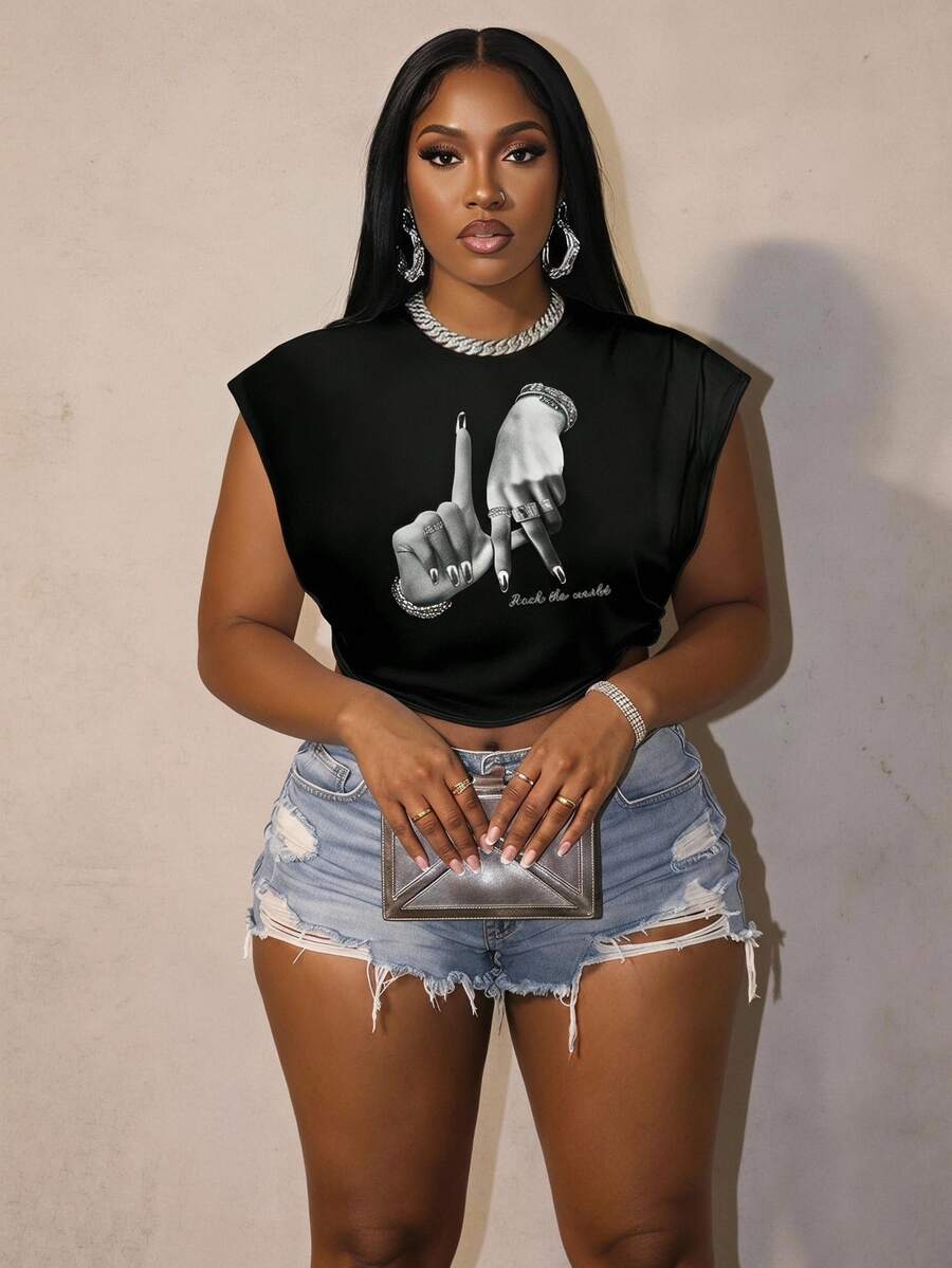 Slaydiva Plus Size Casual Simple LA Hand Gesture & Rock Music Graphic T-Shirt, Suitable For Summer Suitable For Going Out - Black - View 1