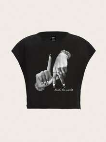 Slaydiva Plus Size Casual Simple LA Hand Gesture & Rock Music Graphic T-Shirt, Suitable For Summer Suitable For Going Out - Black - View 2