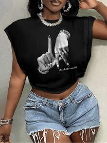 Slaydiva Plus Size Casual Simple LA Hand Gesture & Rock Music Graphic T-Shirt, Suitable For Summer Suitable For Going Out - Black - View 4