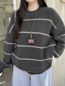 DAZY Women's Striped Loose Fit Crew Neck Casual Sweater - Dark Grey - View 5