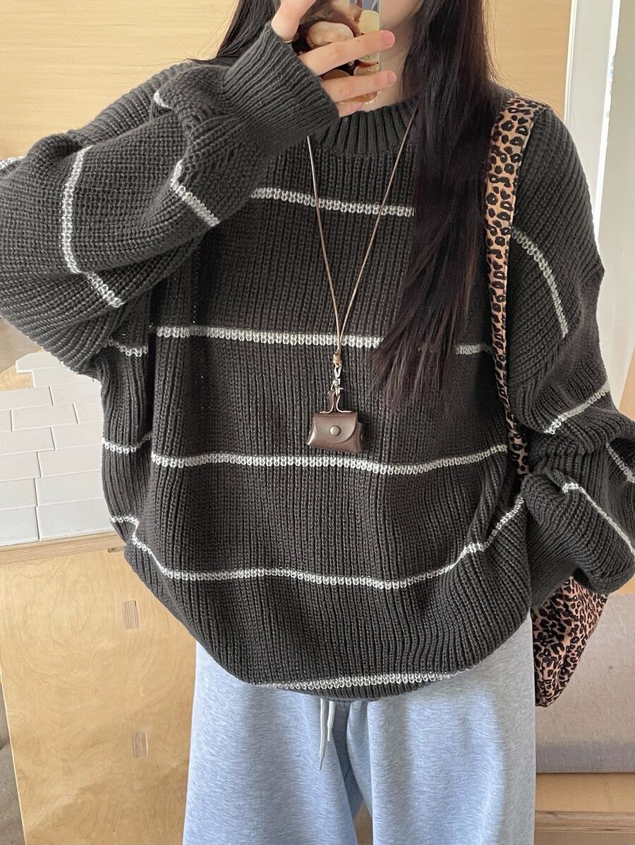 DAZY Women's Striped Loose Fit Crew Neck Casual Sweater - Dark Grey - View 1