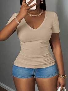 Slaydiva 2025 New Plus Size Women Casual Basic V-Neck Ribbed Khaki T-Shirt Women's Top Workout Club Formal Work - Apricot - View 5
