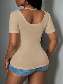 Slaydiva 2025 New Plus Size Women Casual Basic V-Neck Ribbed Khaki T-Shirt Women's Top Workout Club Formal Work - Apricot - View 2