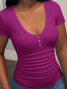 Slaydiva Plus Size Women Solid Color Ruched Slim Fit Versatile Daily Casual Sexy Short Sleeve T-Shirt Going Out Formal Purple Summer - Hot Pink - View 6