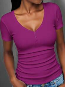 Slaydiva Plus Size Women Solid Color Ruched Slim Fit Versatile Daily Casual Sexy Short Sleeve T-Shirt Going Out Formal Purple Summer - Hot Pink - View 5