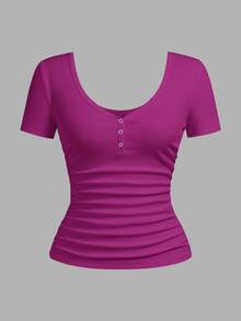 Slaydiva Plus Size Women Solid Color Ruched Slim Fit Versatile Daily Casual Sexy Short Sleeve T-Shirt Going Out Formal Purple Summer - Hot Pink - View 3