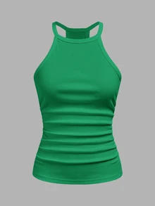 Slaydiva Camiseta de tirantes para mujer de primavera/verano, casual, versátil, de color verde esmeralda liso, con cuello redondo, espalda de corredor, hombros descubiertos, para el Día de San Valentín, formal y vacaciones - Verde - Ver 2