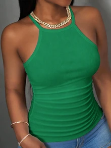 Slaydiva Camiseta de tirantes para mujer de primavera/verano, casual, versátil, de color verde esmeralda liso, con cuello redondo, espalda de corredor, hombros descubiertos, para el Día de San Valentín, formal y vacaciones - Verde - Ver 7