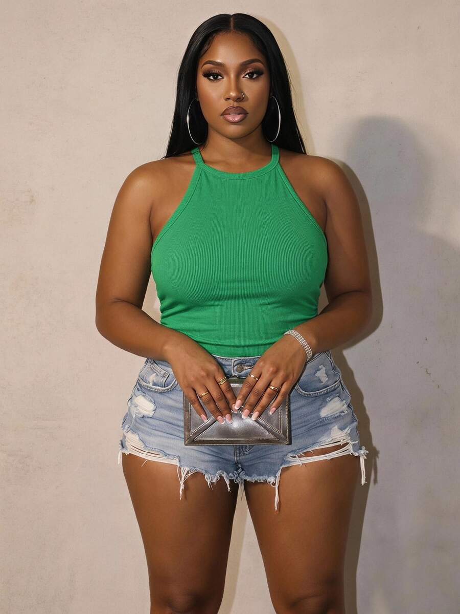 Slaydiva Camiseta de tirantes para mujer de primavera/verano, casual, versátil, de color verde esmeralda liso, con cuello redondo, espalda de corredor, hombros descubiertos, para el Día de San Valentín, formal y vacaciones - Verde - Ver 1
