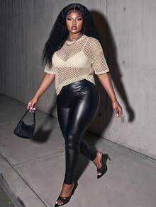 Slaydiva Plus Size Casual Street Style Black Sheer Loose 3/4 Sleeve Round Neck Regular Length T-Shirt, Suitable For Spring And Autumn - Apricot - View 1